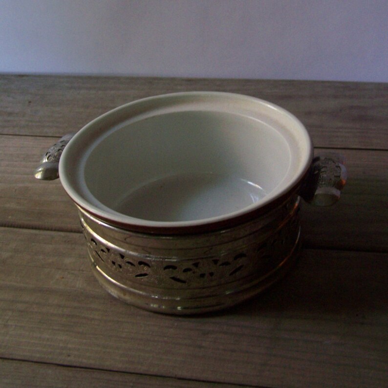 Vintage Ceramic Casserole Decorative Metal Holder Covered Casserole
