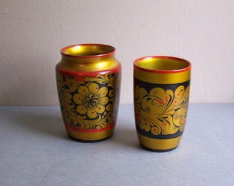 Russian Folk Art Containers / 1979 / Gold Black Red / Traditional Folk Art