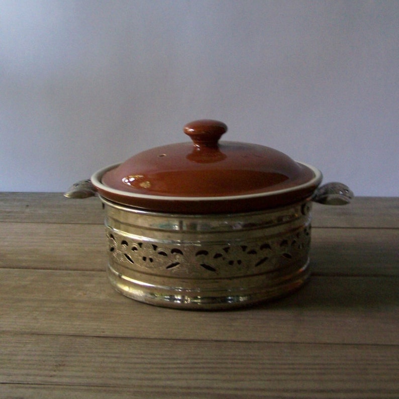 Vintage Ceramic Casserole Decorative Metal Holder Covered Casserole