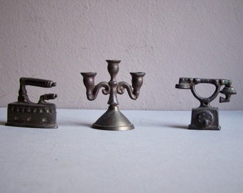 3 Metal Miniatures ~ Vintage Iron / Candelabra / Telephone
