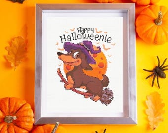 Sausage Dog Halloween Cross Stitch Pattern: Funny Dachshund Embroidery (PDF Download