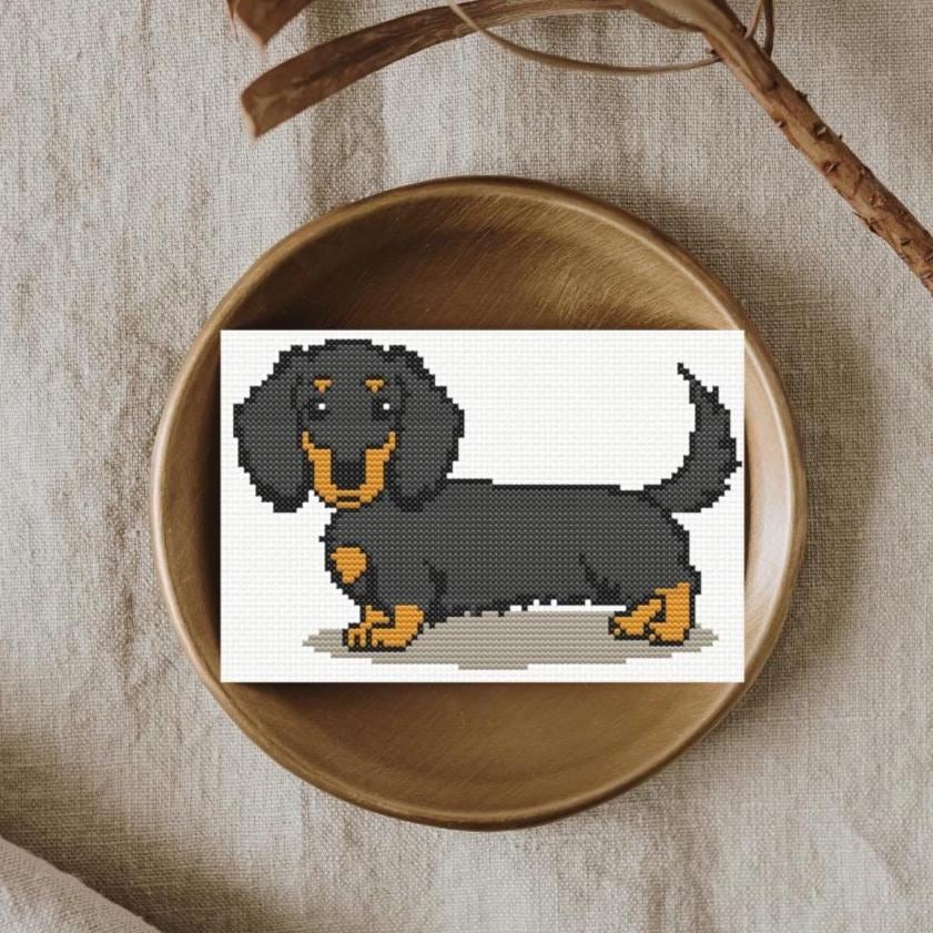 ダックスフントのクロスステッチパターン - 黒ソーセージ犬の刺繍（PDF
