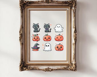May include: A framed print featuring pixel art Halloween-themed illustrations. The artwork includes black cats, ghosts, pumpkins, and a witch's hat. The frame is ornate with a gold finish, adding a decorative touch to the artwork.