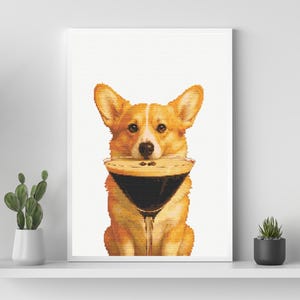 Cocktail Corgi & Espresso Martini – Divertente schema punto croce per cani / Modello PDF / Download digitale / Moderno disegno da ricamo per animali domestici