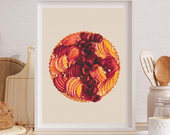 Peach & Cherry Tart Cross Stitch Pattern - Modern Dessert Embroidery (PDF)