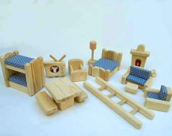 Wooden Toy Peg Doll House Furniture, Natural Wood, Dollhouse Furniture, Grandchild Birthday 3,4 Gift, Simple Minimalist Kids Nursery Decor