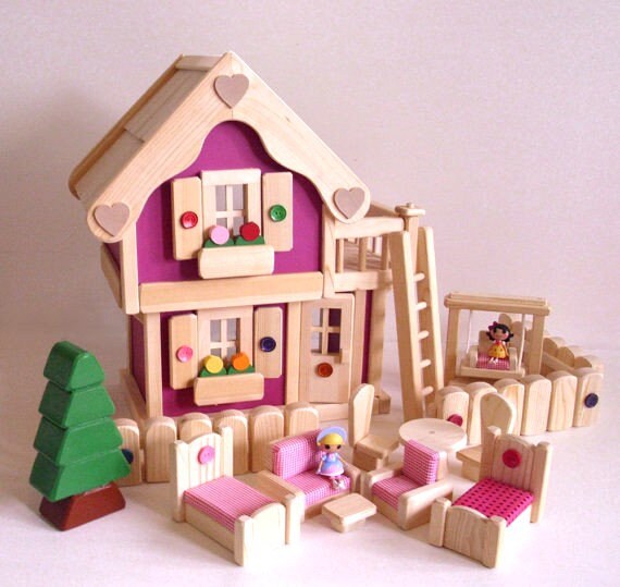 Wooden Toy Peg Doll House Wood Dollhouse Furniture Handmade Image 0