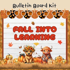 May include: A fall-themed bulletin board kit with the text "Bulletin Board Kit" at the top. The design includes the phrase "Fall Into Learning", pumpkins, autumn leaves, and two Highland cows. The kit is decorated with acorns and a fall color palette.