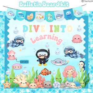 Könnte beinhalten: Ein farbenfrohes Pinnwand-Set mit Unterwasser-Thema. Das Design enthält den Text "Dive Into Learning" und zeigt Cartoon-Illustrationen von Meeresbewohnern, Tauchern und Korallen. Das Set ist für Bildungszwecke konzipiert.