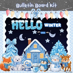 May include: A winter-themed bulletin board kit with the words "Hello Winter" in blue. The image features a blue house, a snowman, a penguin, a fox, a bear, and a deer. Decorative lights and a bow are also included.