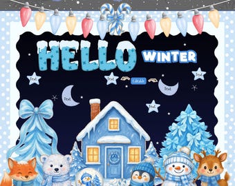 Könnte beinhalten: Ein Winter-Themen-Pinnwand-Kit mit den Worten "Hello Winter" in Blau. Das Bild zeigt ein blaues Haus, einen Schneemann, einen Pinguin, einen Fuchs, einen Bären und ein Reh. Dekorative Lichter und eine Schleife sind ebenfalls enthalten.