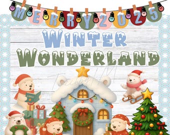 Könnte beinhalten: Ein Winter-Themen-Pinnwand-Kit mit dem Text "Bulletin Board Kit". Das Design umfasst ein "Merry 2025"-Banner, ein "Winter Wonderland"-Schild und Illustrationen von Eisbären, einem Haus und einem Weihnachtsbaum.