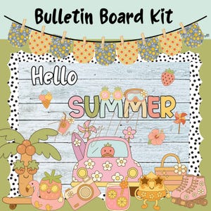 May include: A colorful bulletin board kit with a summer theme. The design includes the words "Hello Summer" with illustrations of a car, ice cream, fruit, and roller skates. The top of the board has a banner of decorative shapes.