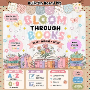Può includere: Un kit per bacheca con il testo "BLOOM THROUGH BOOKS" e "READ • IMAGINE • GROW". Il design include illustrazioni di libri impilati, fiori, farfalle e bandierine. Contiene sezioni di testo e immagini modificabili, lettere A-Z e numeri 0-9, con uno sfondo in legno chiaro e bordi a pois.
