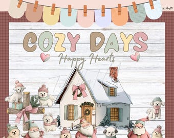 Może przedstawiać: Cyfrowy zestaw tablicy ogłoszeń z przytulnym zimowym motywem. Projekt przedstawia dom, figurki Świętego Mikołaja, psy oraz słowa "Cozy Days" i "Happy Hearts". Tło to jasna faktura drewna z różowo-brązową obwódką w kratę.
