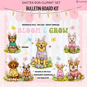 Puede incluir: Conjunto de imágenes prediseñadas digitales con temática de Pascua, que presenta perros de dibujos animados con orejas de conejo y suéteres, rodeados de huevos de Pascua, mariposas y flores. El texto "BLOOM & GROW" está presente. Incluye 16 archivos PNG.