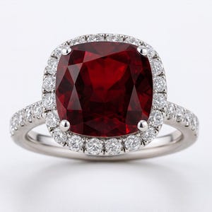 Cushion Cut Ruby Diamond Halo Ring | 5ct gemstone | July Birthstone | Sterling Silver | Sizes 4–10