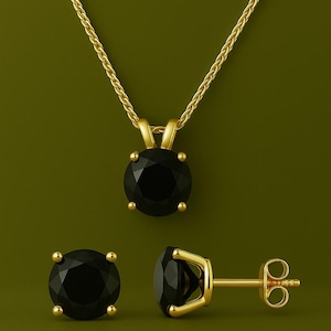 Black Diamond Pendant and Stud Set: 14K Gold Minimalist Jewelry