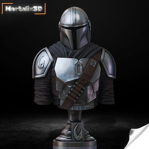 May include: A silver Mandalorian bust with a black cape and armor. The bust features a detailed helmet, chest plate, and shoulder pads. A brown belt with ammunition is across the chest. The base has a Mandalorian symbol. The text "Mortalix3D" is in the top left corner.