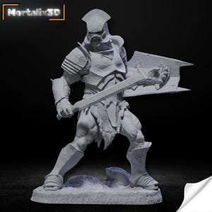 May include: A gray, 3D-printed figurine of a warrior in armor, holding a sword and shield. The figure is posed in a dynamic stance, with detailed textures on the armor and weapon. The figurine is on a textured base. The text "Mortalix3D" is in the top left corner.