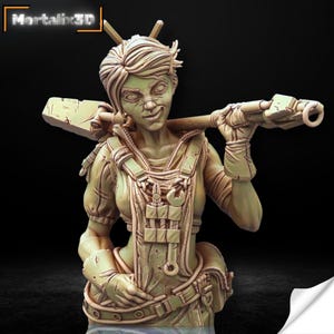 May include: A detailed bust of a female figure with a steampunk aesthetic. The figure is wearing a utility vest and holding a large tool over her shoulder. The bust is a light tan color with intricate details. The text "Mortalix3D" is in the upper left corner.