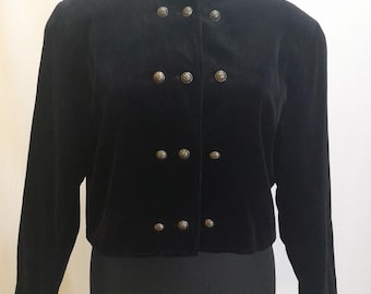 Vintage Black Cotton Velvet Cropped Jacket, Military Trachten Blazer, Goth Old Money Coat
