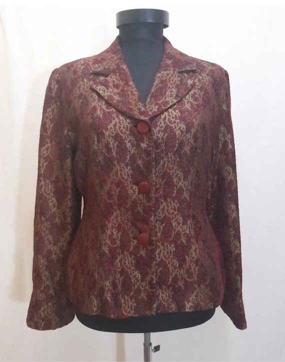 70s Vintage tapestry blazer, women covered buttons jacket