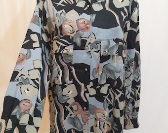 80er Jahre Vintage Barock Bluse, langarm zum Knöpfen abstraktes Hemd, oversized