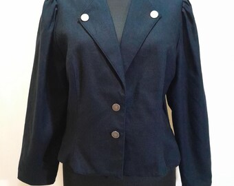 Blazer vintage de los años 80 en mezcla de algodón negro, chaqueta abotonada para mujer.