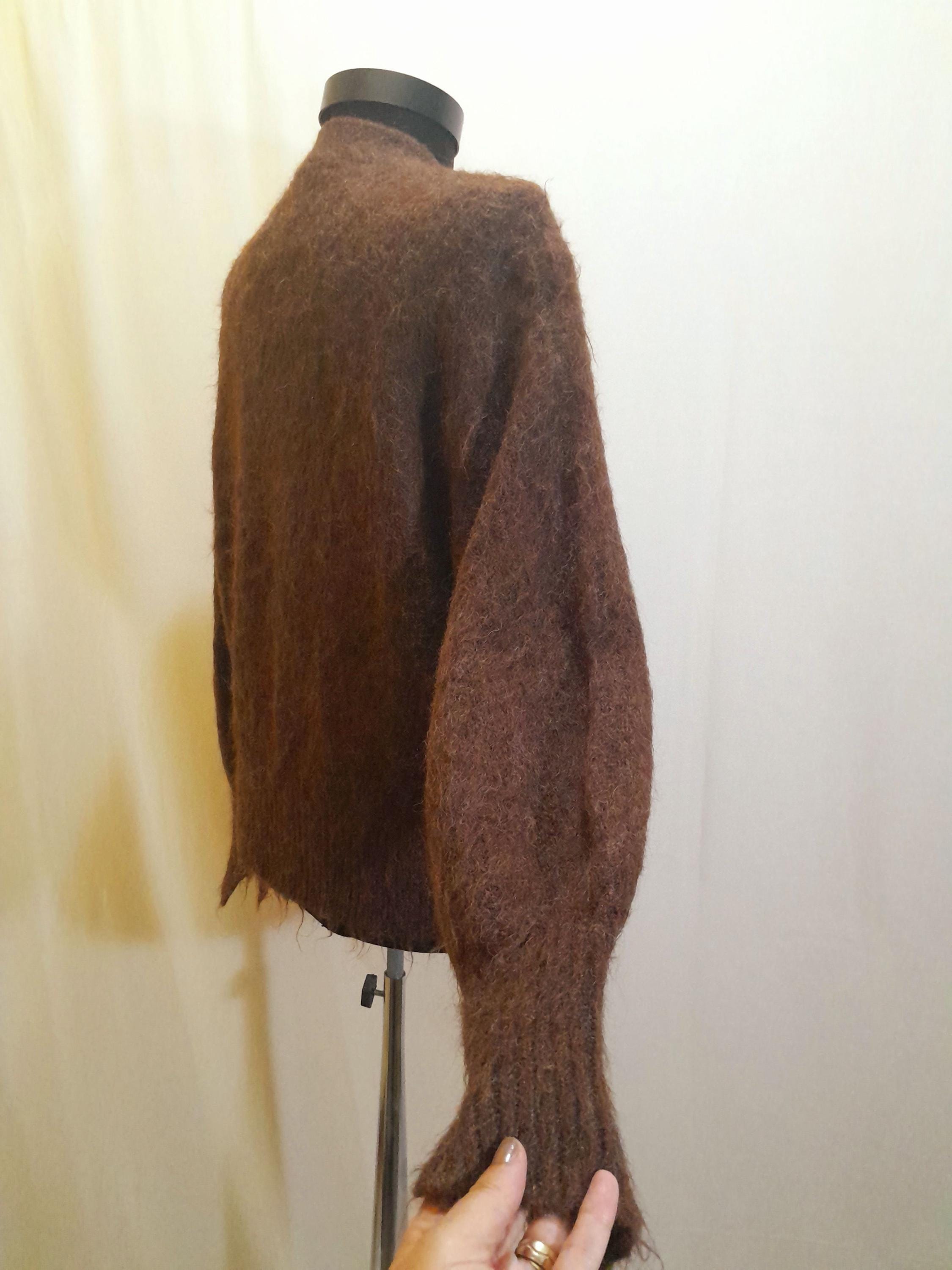 Vintage Mohair Brown Cardigan With Wide Cuffs , Puff Sleeve