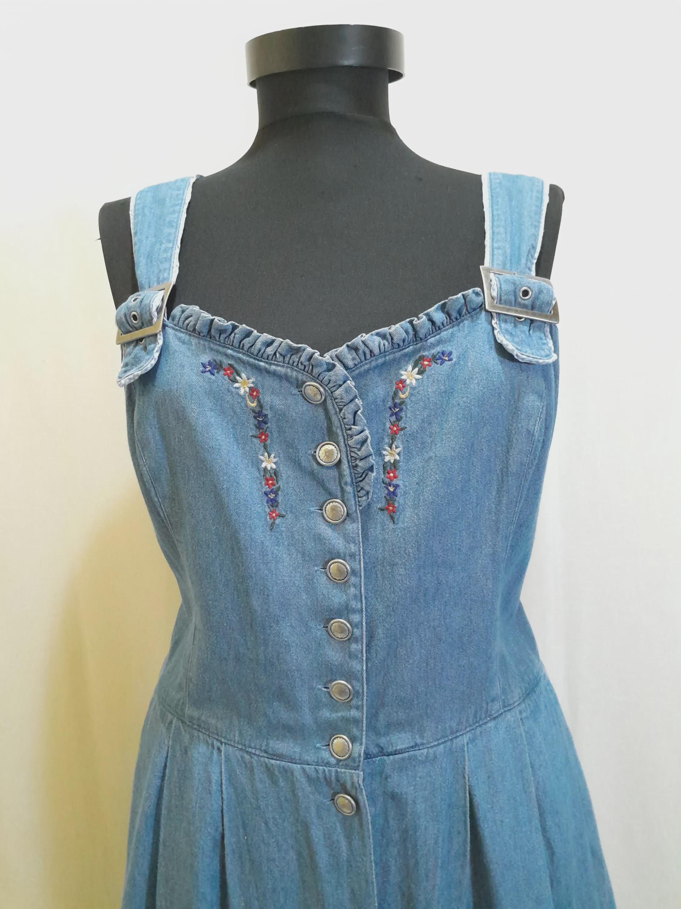 ヴィンテージ80年代デニムストラップボタンダウンマキシドレス、花柄