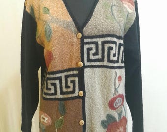 Vintage Wollmischung Cottagecore Strickjacke mit Blumenstickerei , romantische Pullover