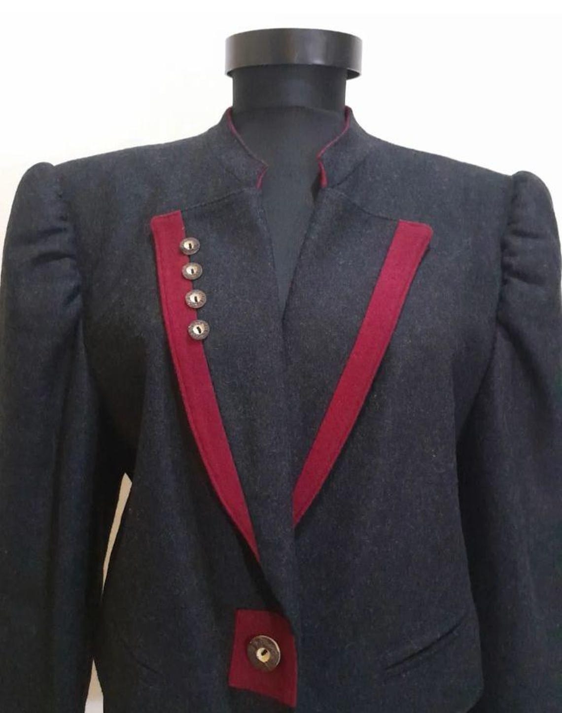 80s Vintage Tyrolean Wool  Jacket, Charcoal Puff Sleeve Trachten Blazer, Whimsigoth Dark Academia Style, foto 2 di 5