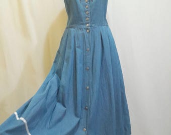 Vintage 80s denim strappy button down maxi dress with floral embroidery, Hammerschmid