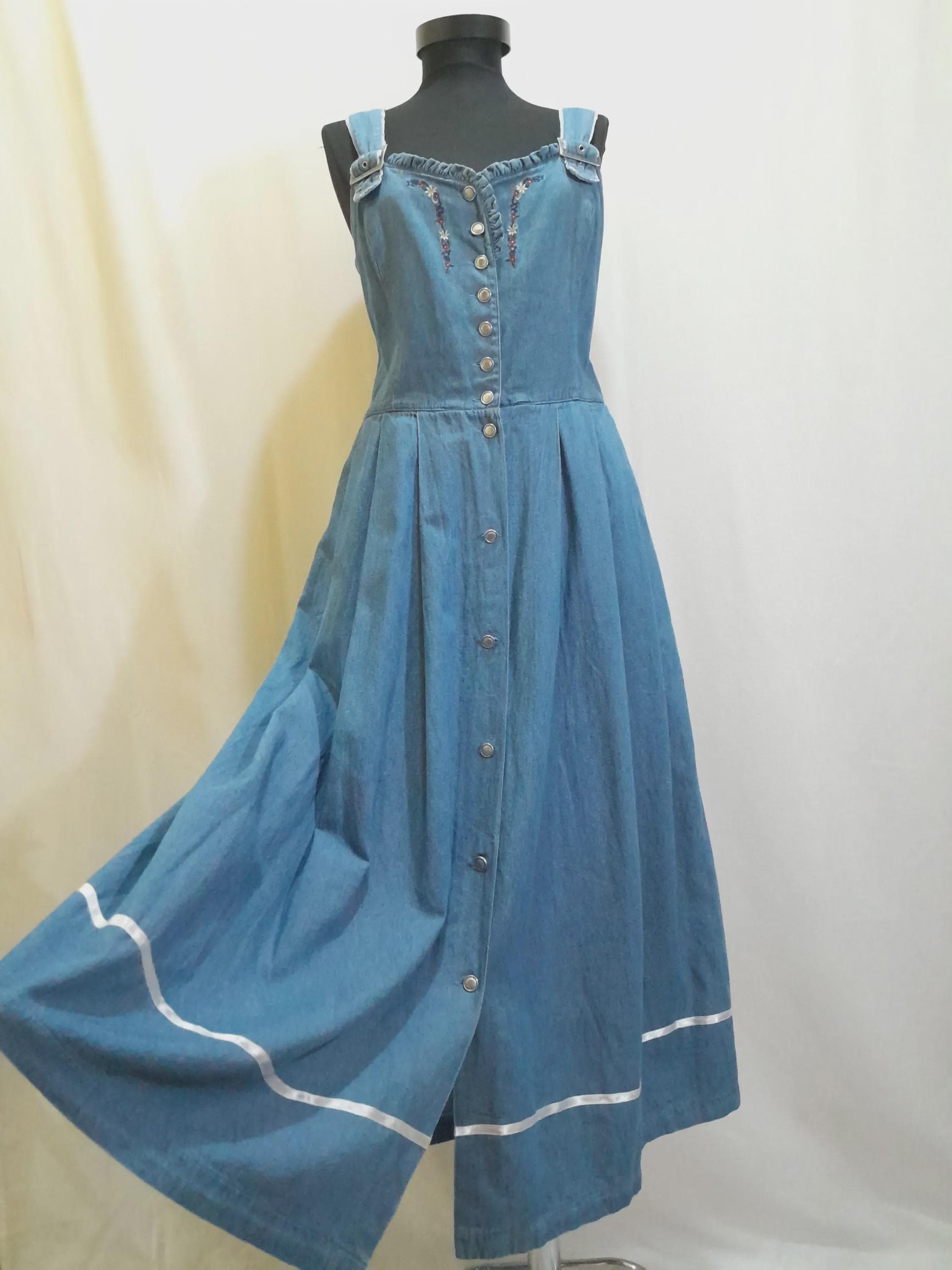 ヴィンテージ80年代デニムストラップボタンダウンマキシドレス、花柄