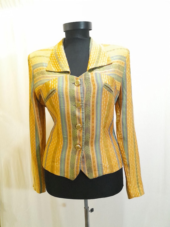 Vintage 90s yellow stripes blazer, women button up jacket