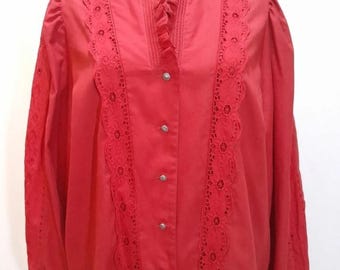 Blusa vintage de mujer estilo cottagecore de los años 80, camisa Trachten roja, bordado de ojales