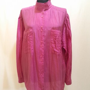 Vintage 80s Pure Silk shirt, fuchsia puff sleeve blouse, patch pockets