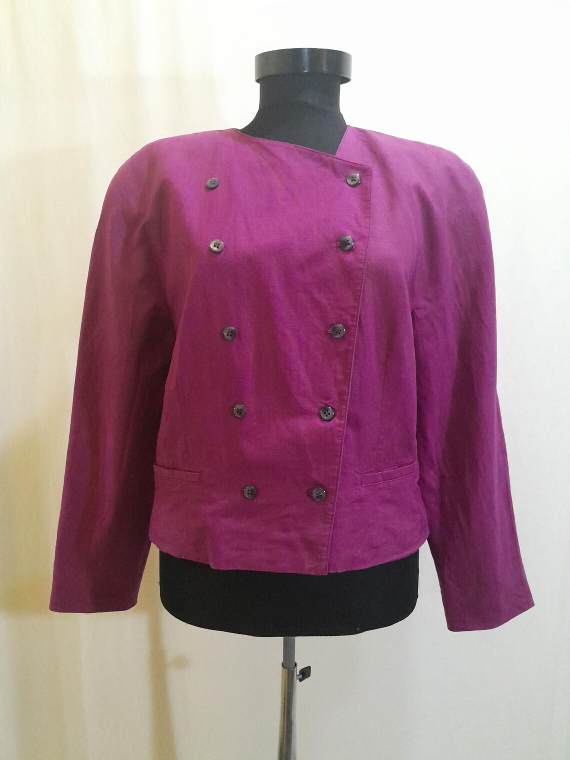 80s Vintage cropped double breasted purple linen blend blazer , women jacket, Foto 1 von 5