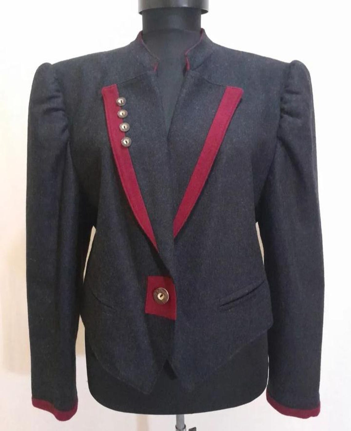80s Vintage Tyrolean Wool  Jacket, Charcoal Puff Sleeve Trachten Blazer, Whimsigoth Dark Academia Style, foto 1 di 5