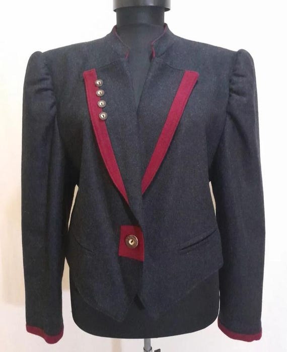 80s Vintage Tyrolean Wool Jacket, Charcoal Puff Sleeve Trachten Blazer, Whimsigoth Dark Academia Style
