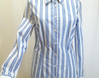 80s Vintage blue white striped office blouse, button up shirt
