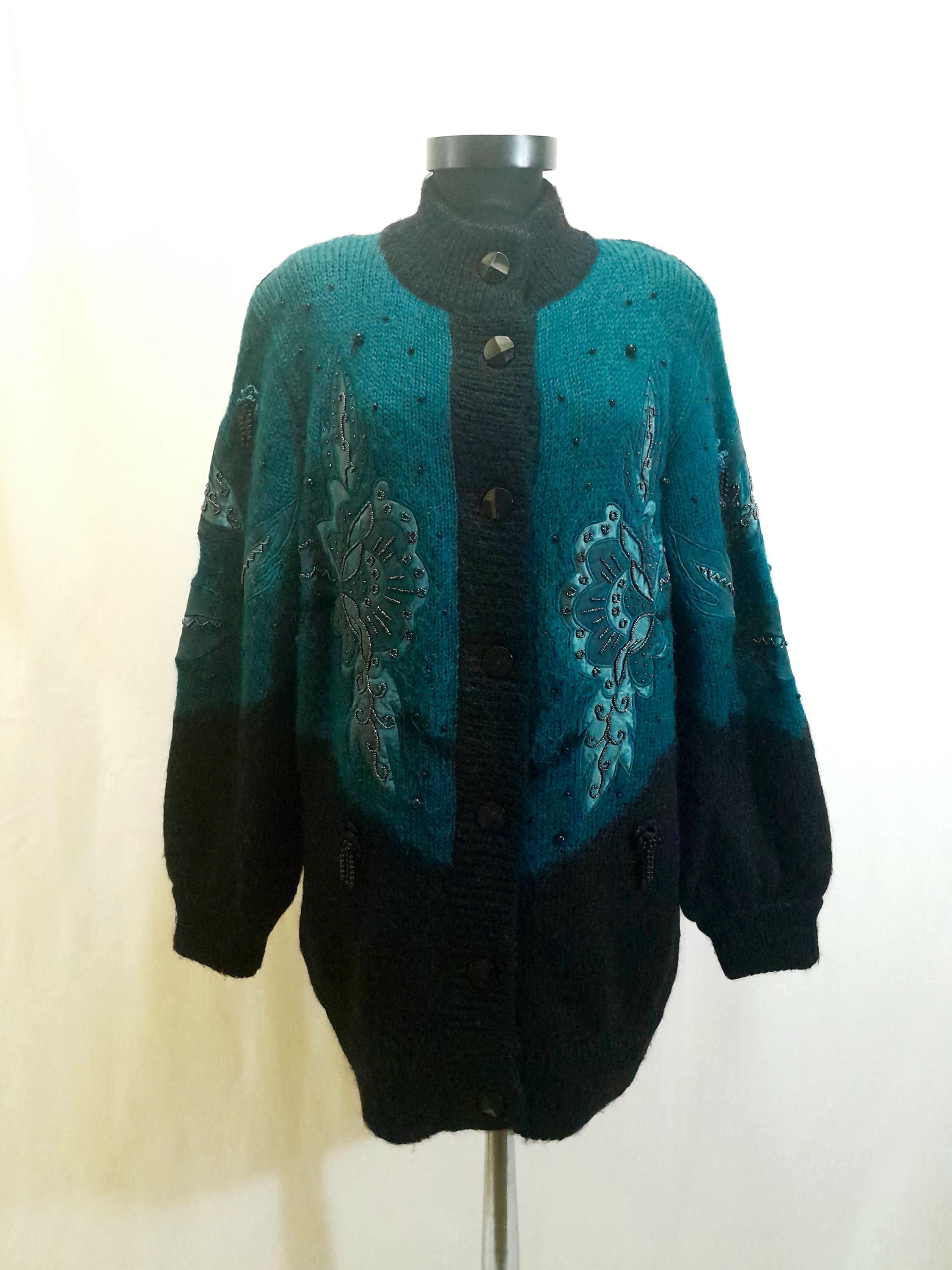 Vintage Black Green Mohair Blend Cardigan With Leather Decor, 80s
