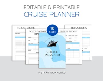 May include: Printable cruise planner with 10 pages. The cover features a blue and white design with a cruise ship illustration. The planner includes sections for packing, accommodation, travel budget, and trip overview.