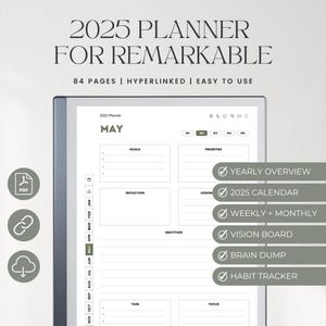 Template for Remarkable 1 & 2 Planner 2025, Digital Weekly, Monthly, Yearly Calendar, Hyperlinked PDF Journal Templates for Life Management
