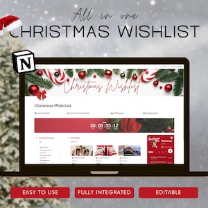 Plantilla de lista de deseos navideños, calendario de compras navideñas, panel de cuenta regresiva navideña digital, seguimiento de gastos de temporada, envoltura de regalos