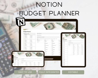 Puede incluir: Una captura de pantalla de un planificador de presupuesto de Notion en una pantalla de computadora. El planificador está dividido en secciones para ingresos, gastos y ahorros. El planificador es fácil de usar y está completamente integrado con Notion. El planificador también es editable.