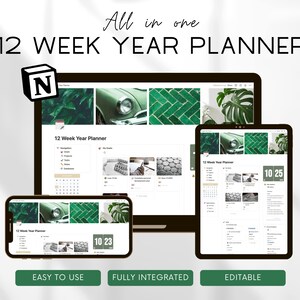 12 Week Year Notion Planner, Editable Quarterly Planner Template, 2024 / 2025 Life Planner, Task Tracker, 90 Day Goals, Calendar Dashboard