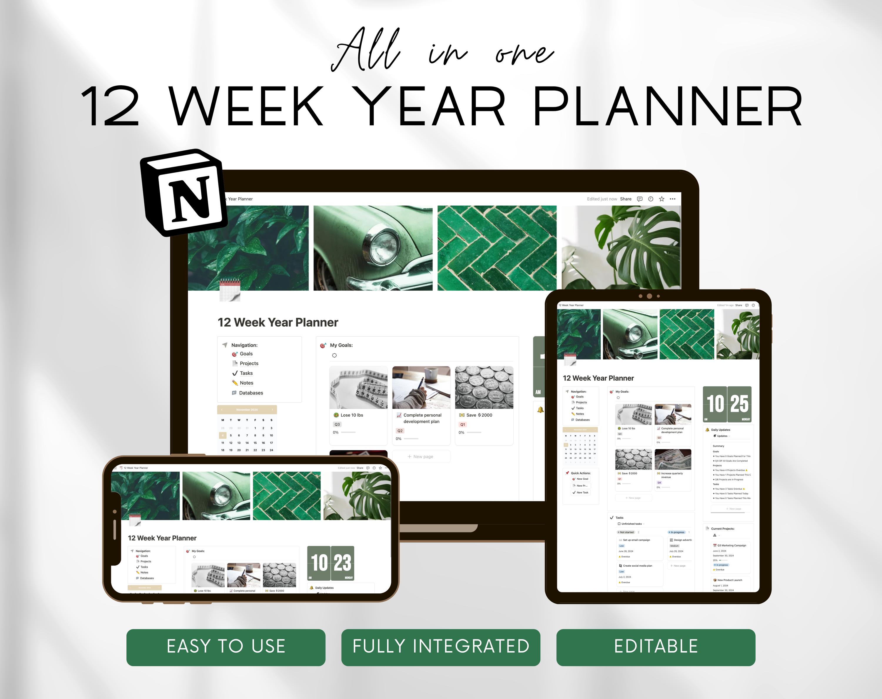 12 Week Year Notion Planner, Editable Quarterly Planner Template, 2024 ...