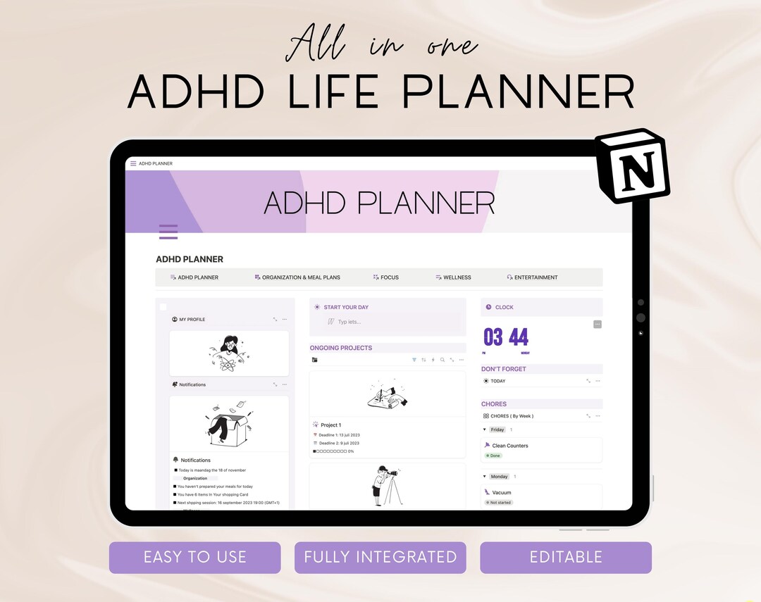 Notion ADHD Life Planner Template 2025, All in One Digital iPad ...